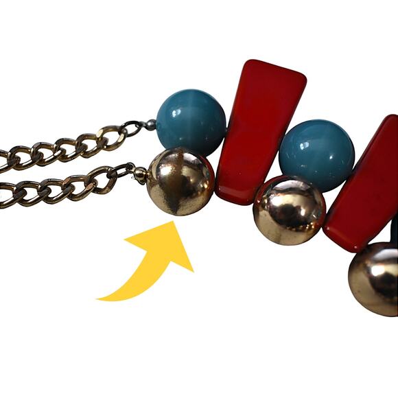 Vintage 90s does 60s MOD Space Age Cherry Red Blue Gold Gumball Bib Necklace - Picture 5 of 5